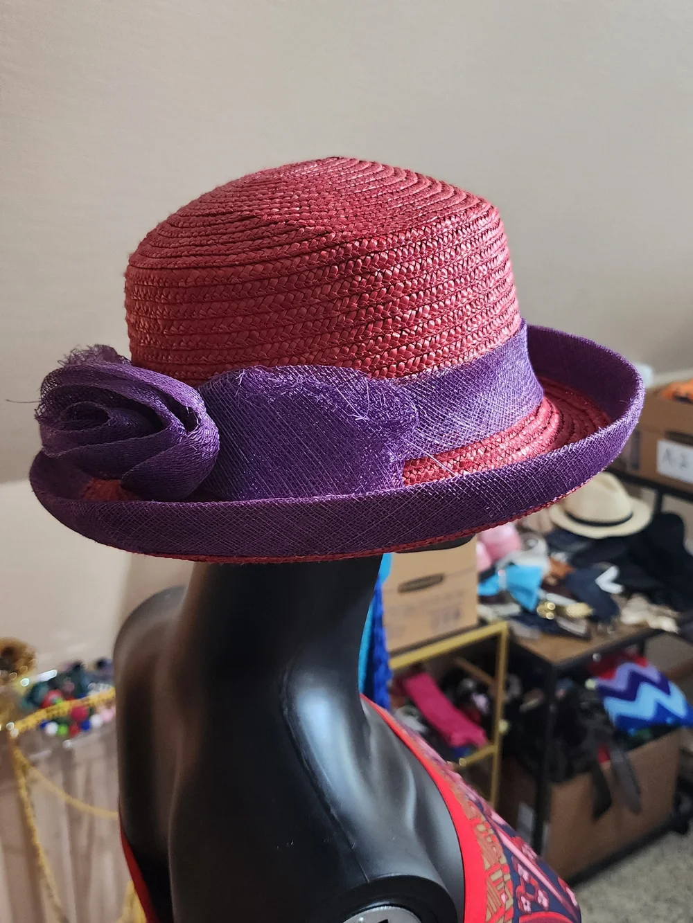 Vintage Red Straw Hat with Purple Rosette and Brim
